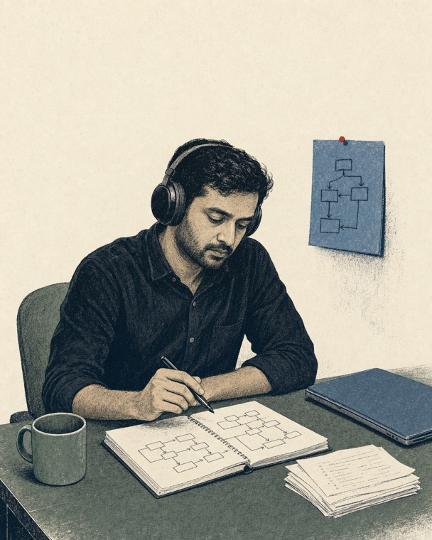 An illustration of Arjun at his desk, headphones on, mapping a process by hand